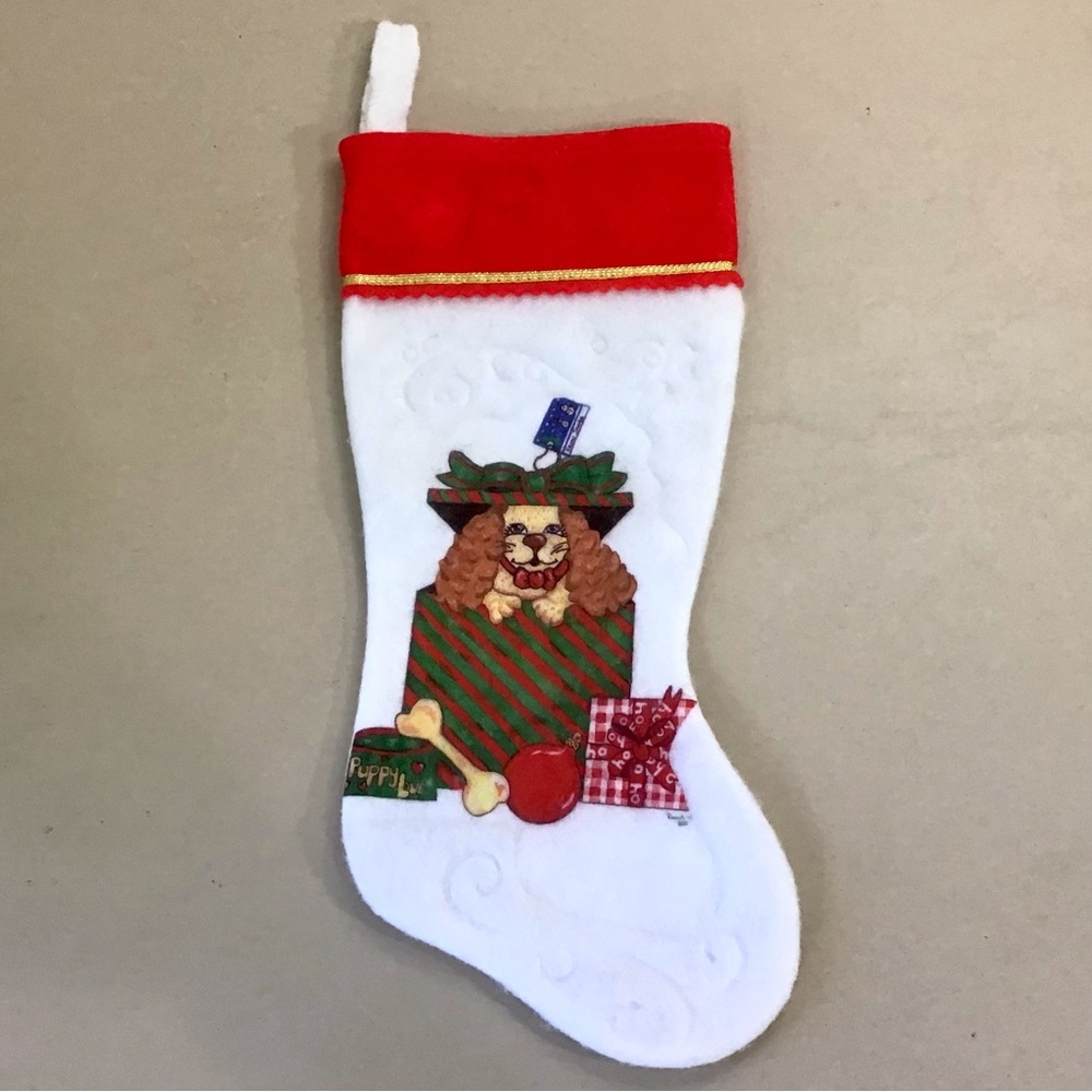 Vintage Rauch Christmas Stocking 16” Embossed Felt Puppy Dog Love